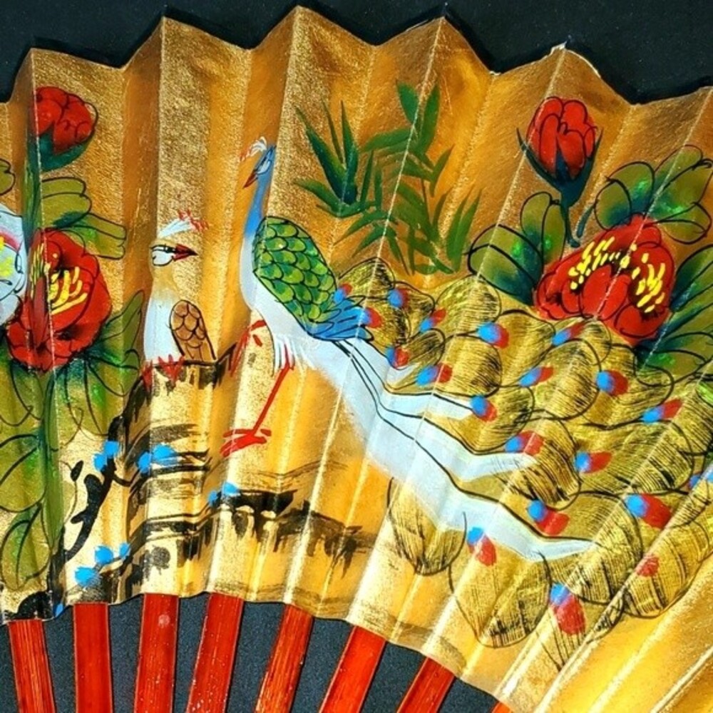Vintage hand painted gold bird fan retro pinup decor wood glamour home fashion - Picture 2 of 6